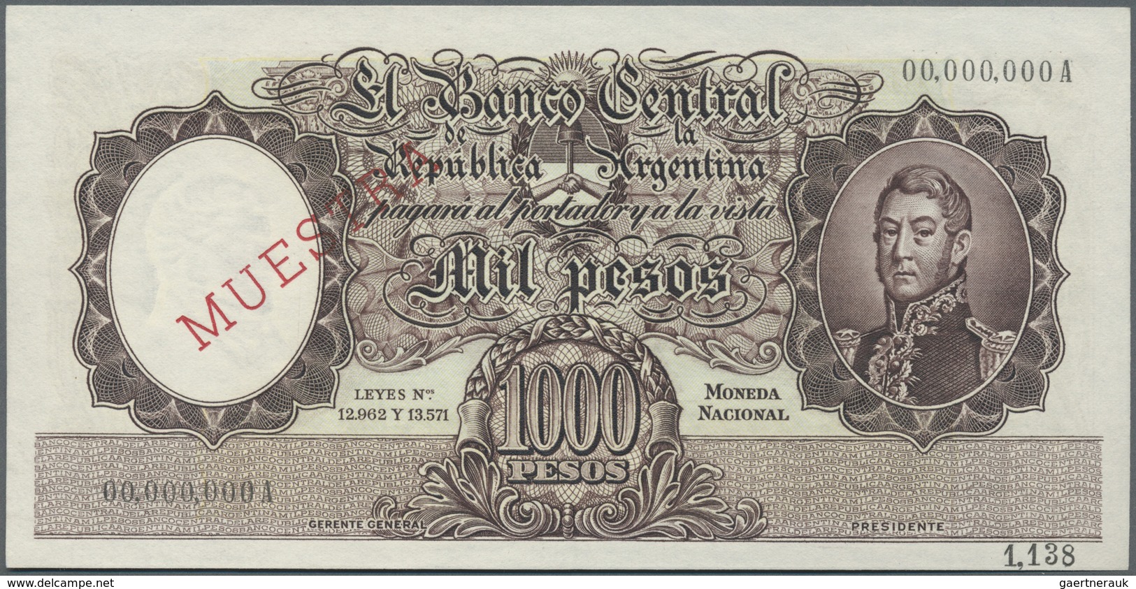 Argentina / Argentinien: 1000 Pesos 1935 Specimen P. 273s With Muestra Overperint And Perforation, Z - Argentina