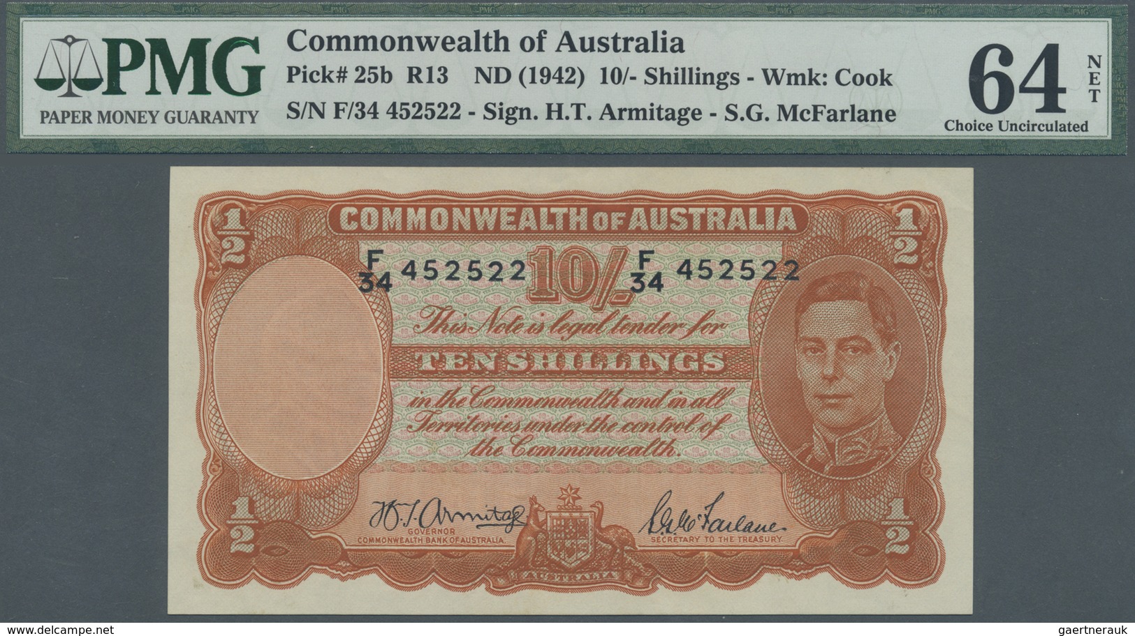 Australia / Australien: 10 Shillings ND(1942) P. 25b, Condition: PMG64 Choice UNC NET (previously Mo - Altri & Non Classificati