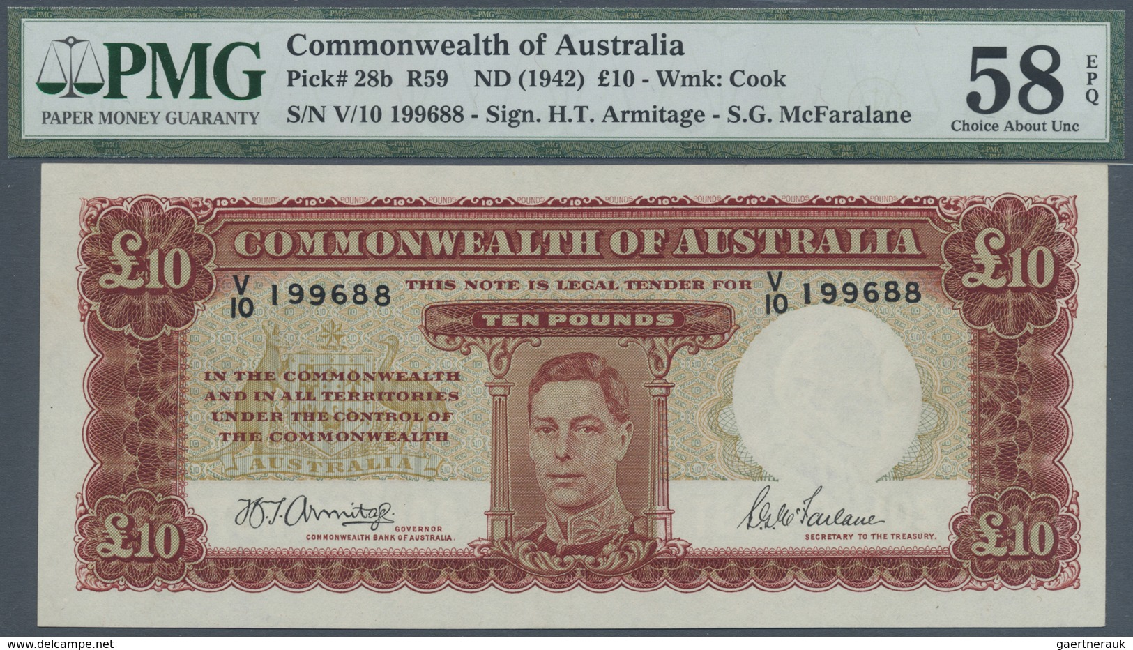 Australia / Australien: 10 Pounds ND(1942), P.28b With Signature Armitage/McFaralane, P.28b PMG 58 C - Other & Unclassified