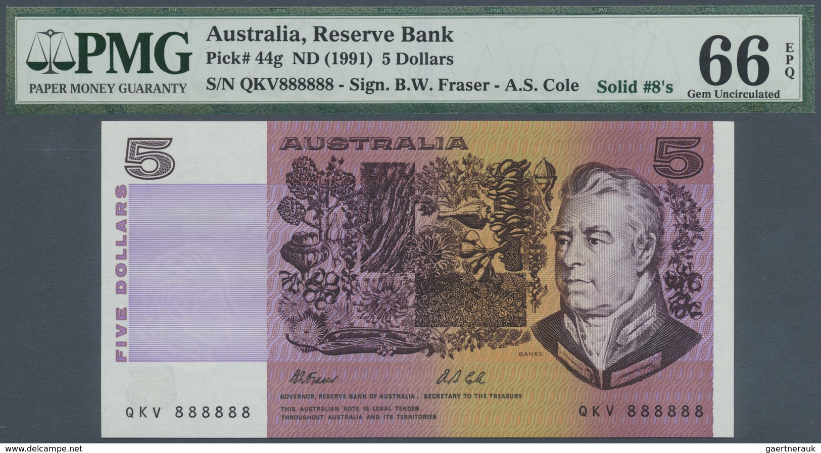 Australia / Australien: 5 Dollars ND(1991), P.44g With Solid Number QKV 888888 PMG 66 Gem UNC EPQ Ra - Other & Unclassified