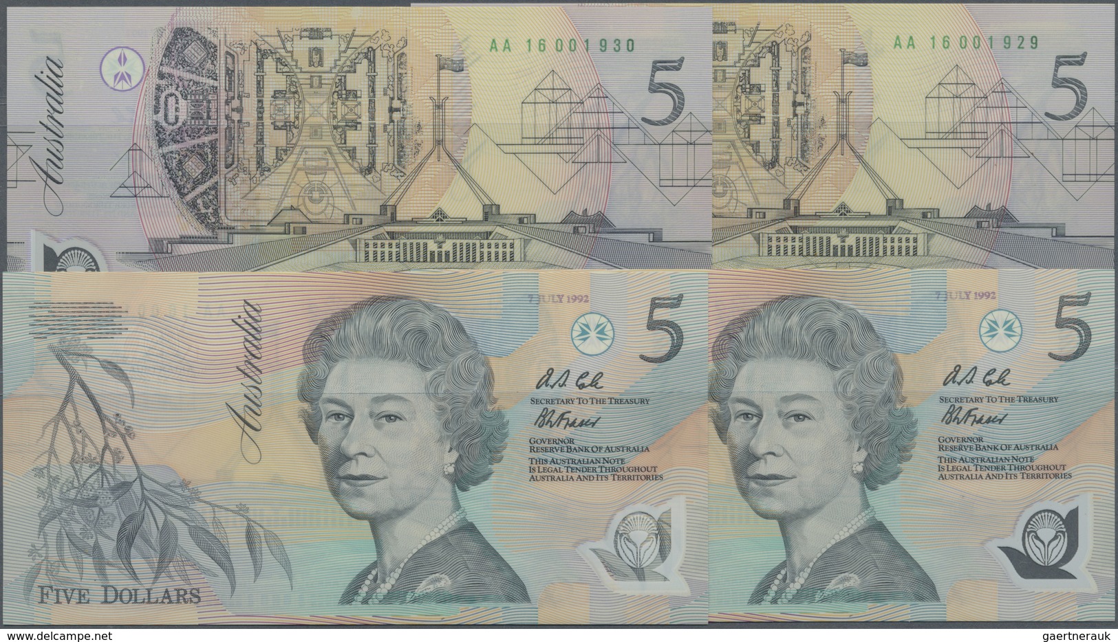 Australia / Australien: Set Of 4 Consecutive Notes 5 Pounds ND Polymer P. 50 With GREEN Serial Numbe - Other & Unclassified