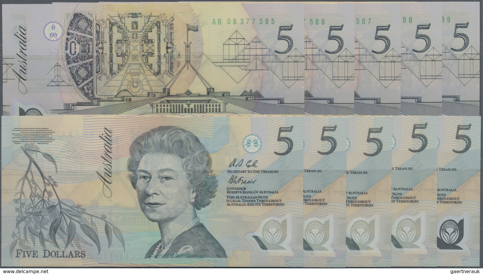 Australia / Australien: Set Of 10 Nearly All Consecutive Notes 5 Pounds ND Polymer With Green Serial - Other & Unclassified