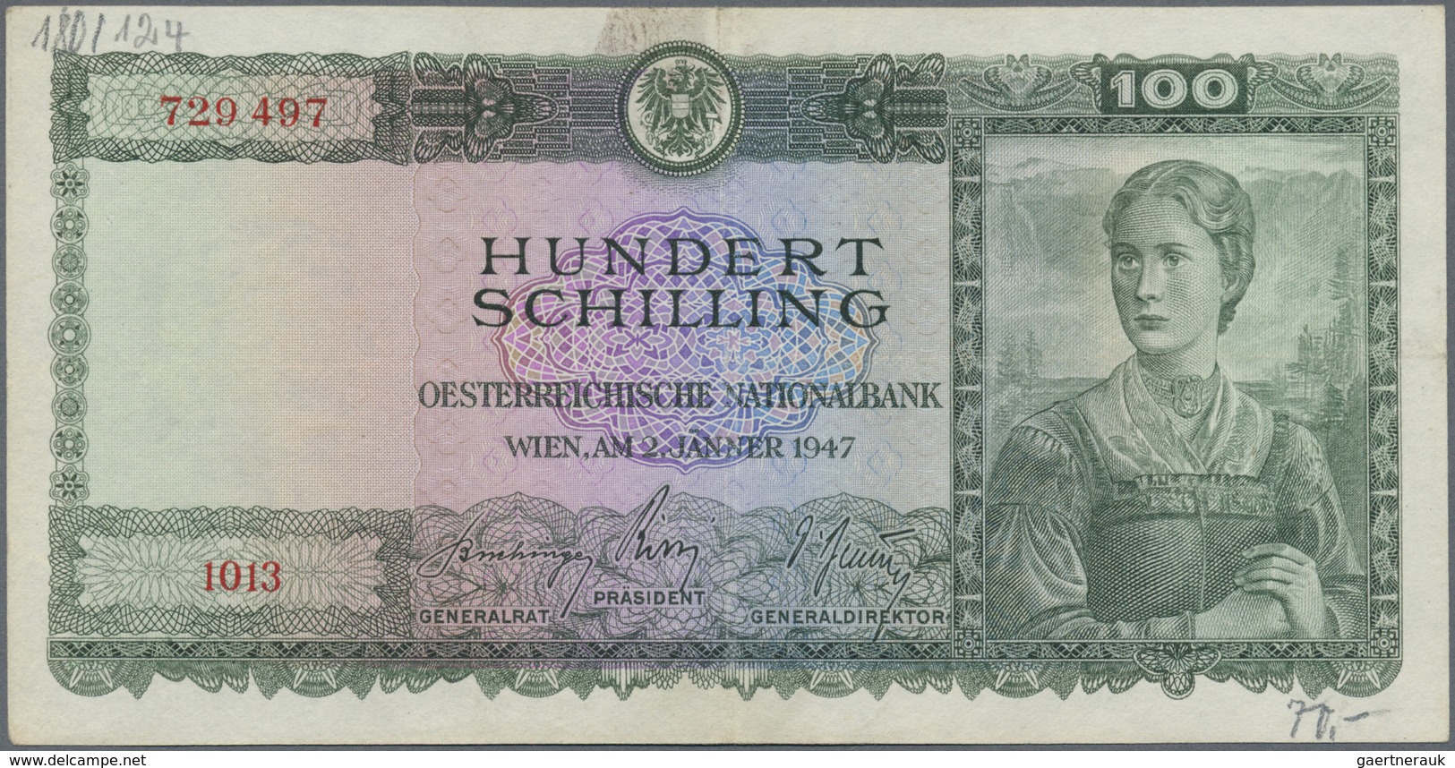 Austria / Österreich: 100 Schilling 1947, P.124, Lightly Stained Paper With Vertical Fold And Some O - Austria