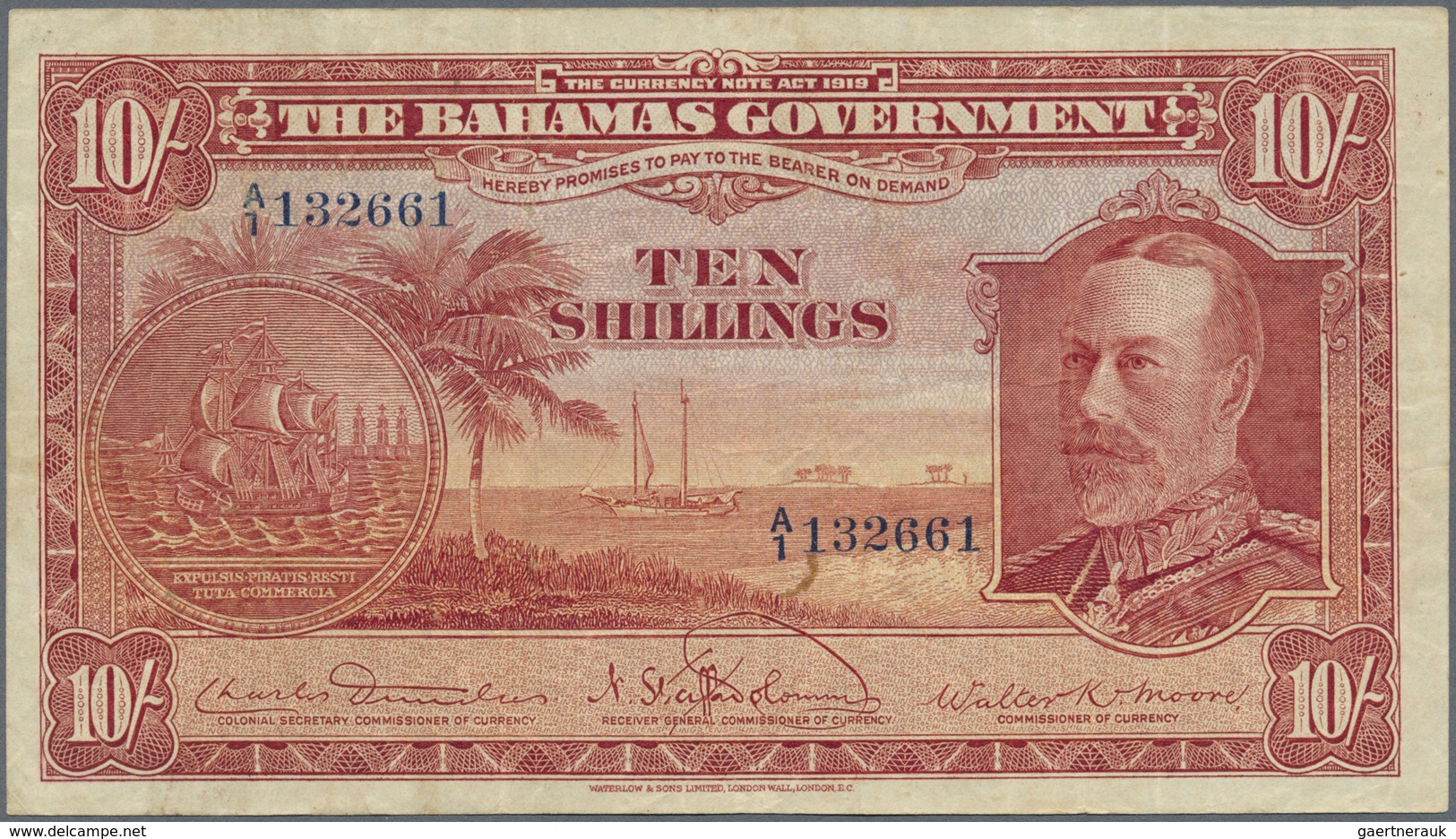 Bahamas: 10 Shillings L.1919, P.6, Very Rare And Hard To Get Note In Very Nice Condition With Lightl - Bahamas