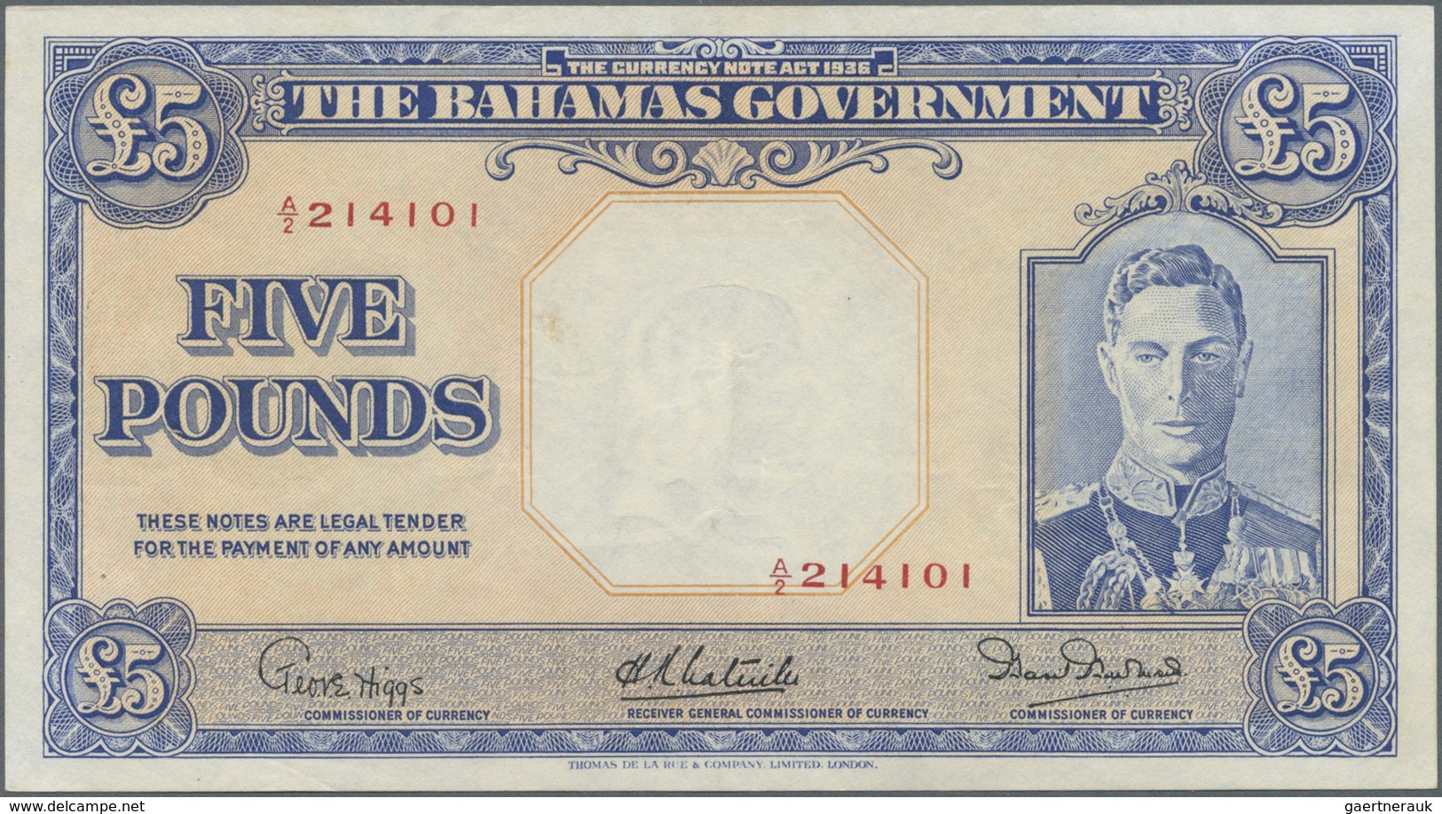 Bahamas: 5 Pounds L.1936 With Signature Title At Left: Commissioner Of Currency, P.12b, Very Nice Co - Bahamas