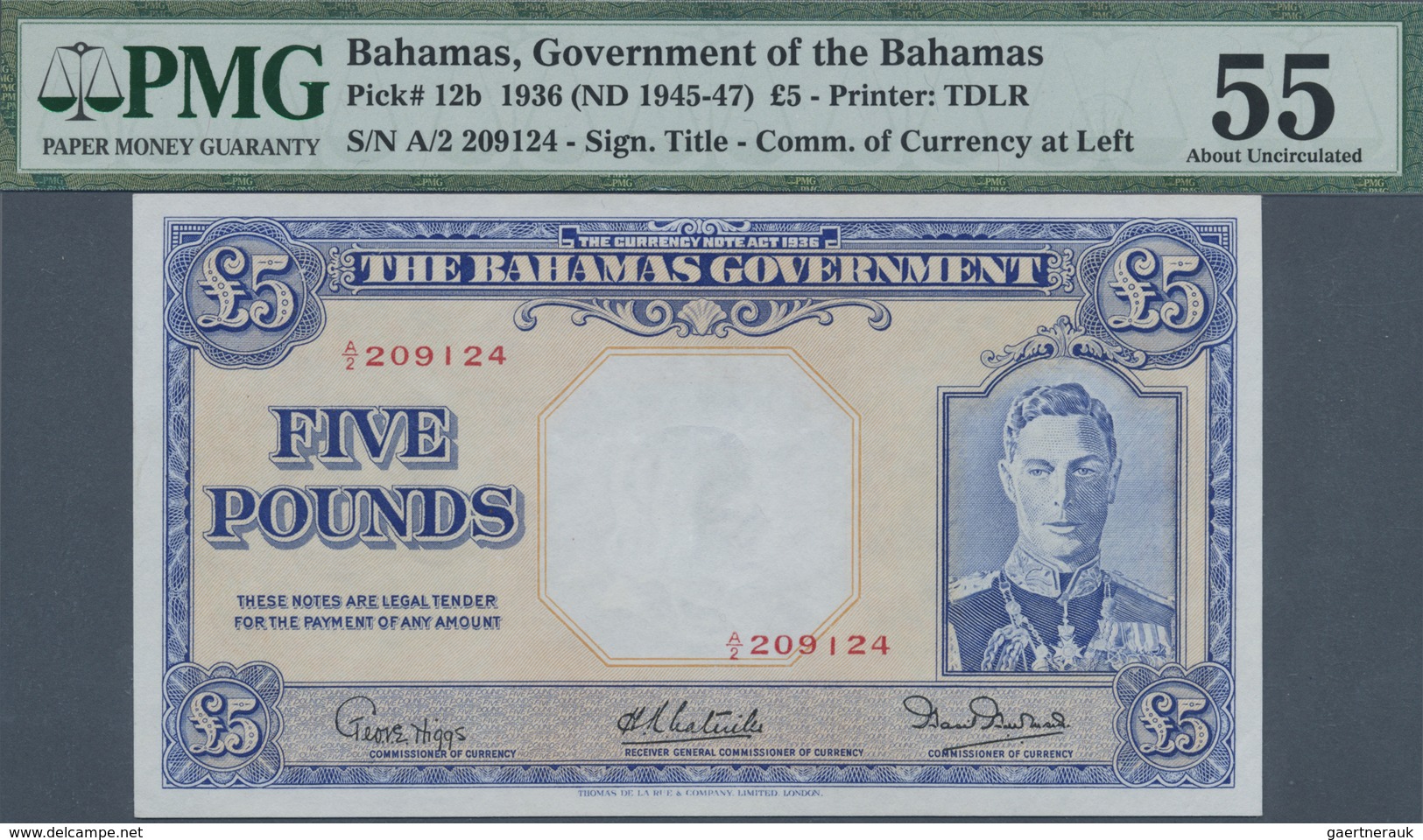 Bahamas: 5 Pounds ND(1945-47) P. 12b, PMG Graded 55 AUNC. - Bahamas