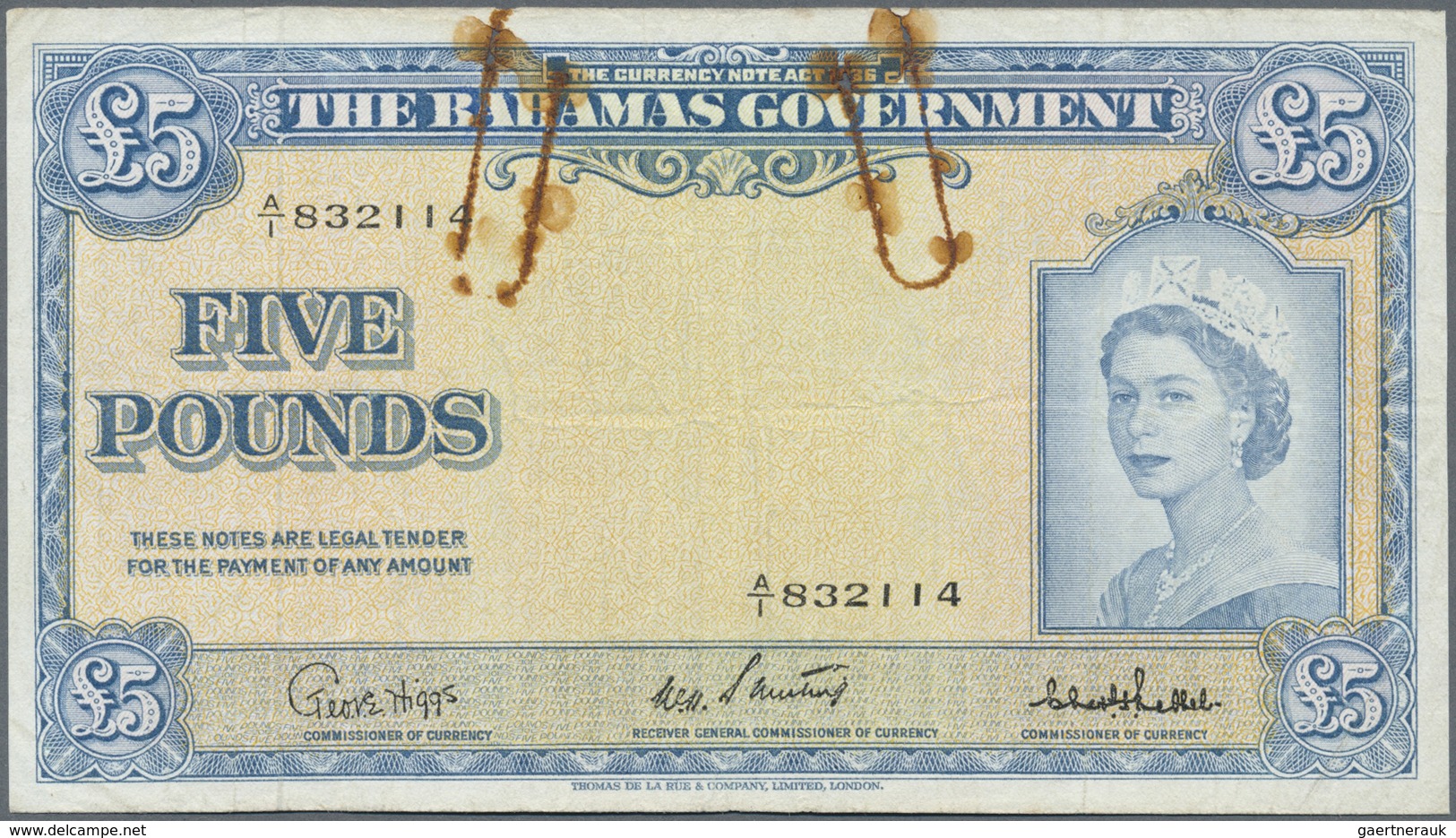 Bahamas: Key Note Of 5 Pounds ND(1953) P. 16, Used With Folds, Seems Pressed And Has 2 Larger Rusty - Bahamas