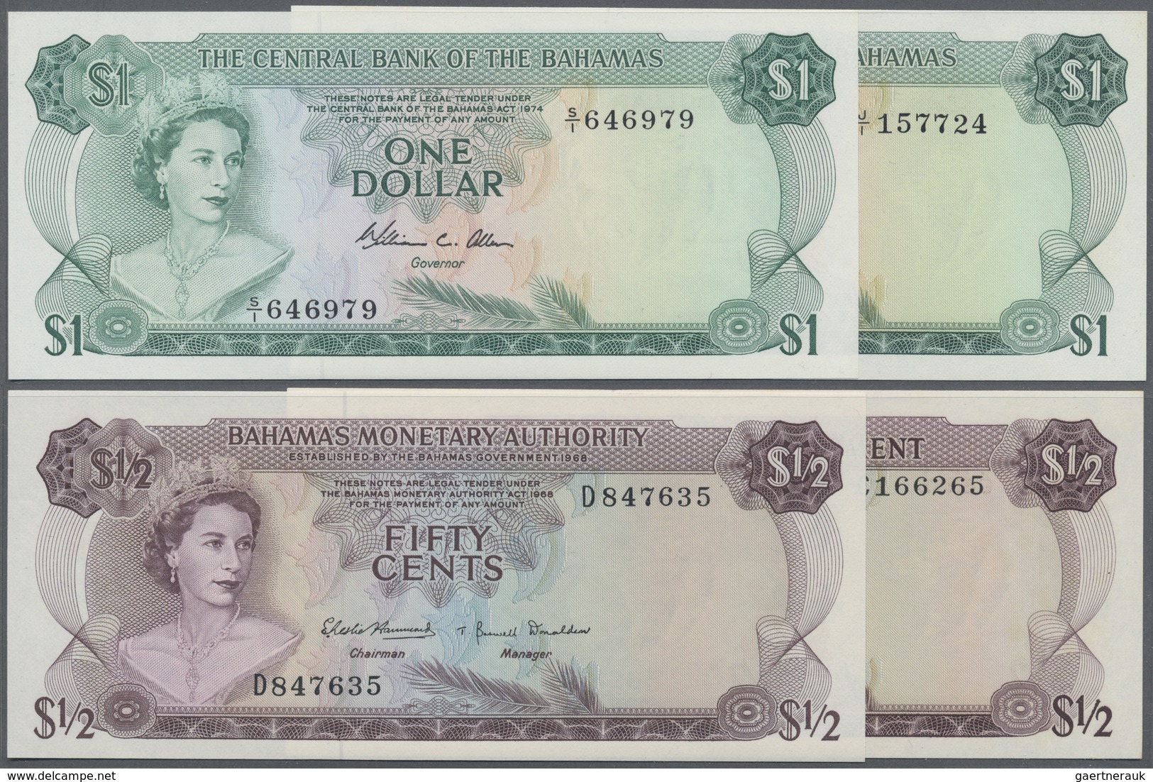 Bahamas: Set With 9 Banknotes 50 Cents L.1965 P.17, 50 Cents L.1968 P.26, 1 Dollar L.1974 P.35a,b, 2 - Bahamas