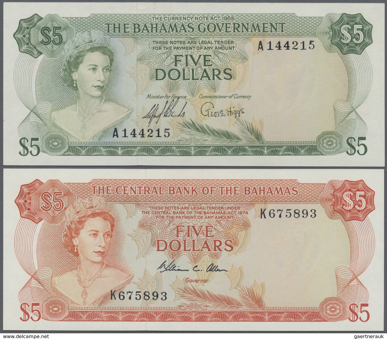 Bahamas: Pair With 5 Dollars L.1965 P.20 And 5 Dollars L.1974 P.37b In UNC (2 Pcs.) - Bahamas