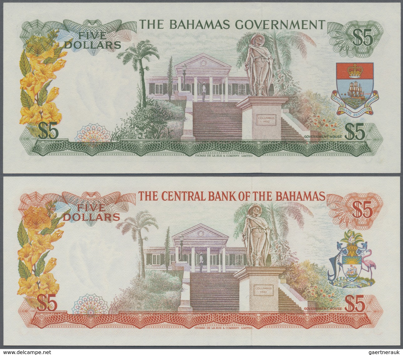 Bahamas: Pair With 5 Dollars L.1965 P.20 And 5 Dollars L.1974 P.37b In UNC (2 Pcs.) - Bahamas