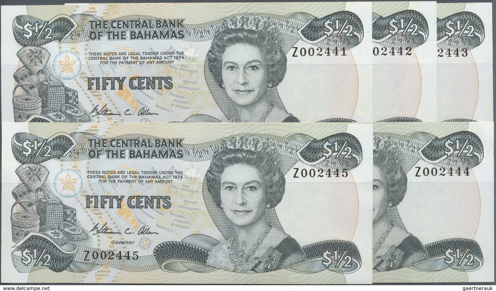 Bahamas: Set Of 5 Pcs CONSECUTIVE REPLACEMENT Notes Of 50 Cents L.1974 P. 42* With Prefix "Z", All I - Bahamas