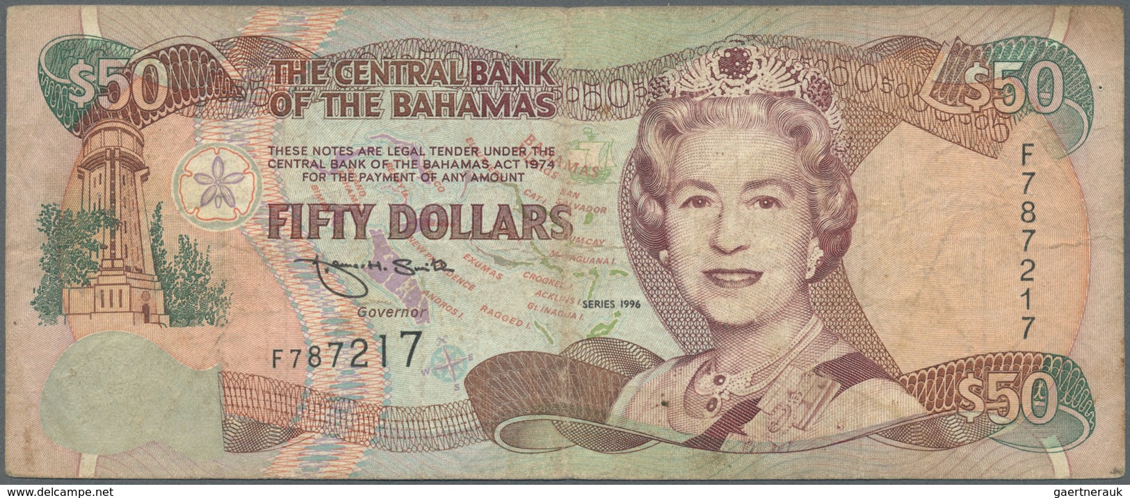 Bahamas: 50 Dollars 1996 Key Note P. 61 In Used Condition With Folds And Creases As Well As Light St - Bahamas
