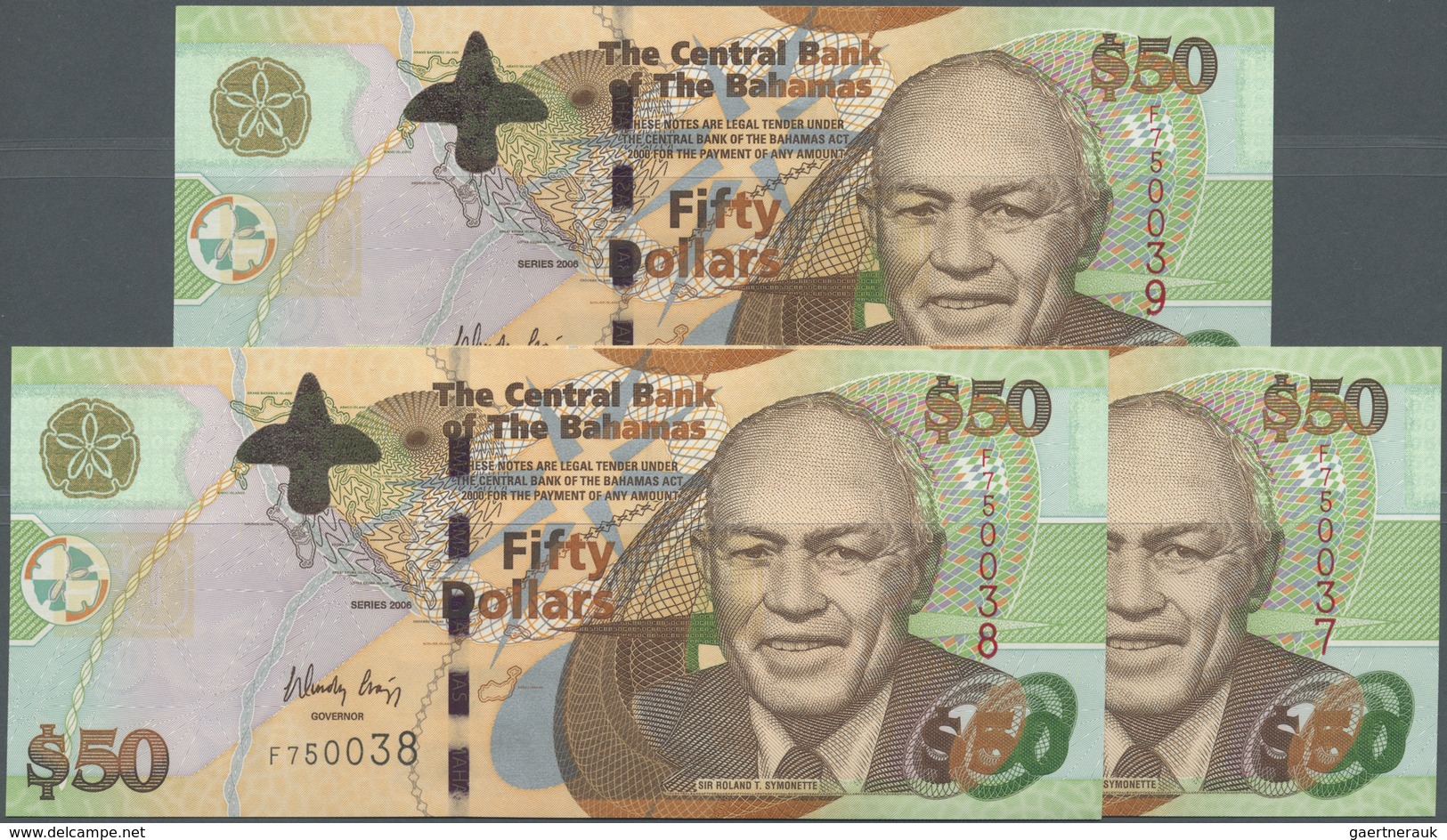 Bahamas: Set Of 3 CONSECUTIVE Notes Of 50 Dollars 2006 P. 75, All In Condition: UNC. (3 Pcs) - Bahamas