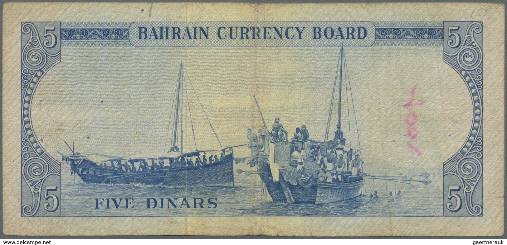 Bahrain: 5 Dinars L.1964 P. 5 In Used Condition With Small Ink Writing At Left, Folds And Creases, L - Bahrain