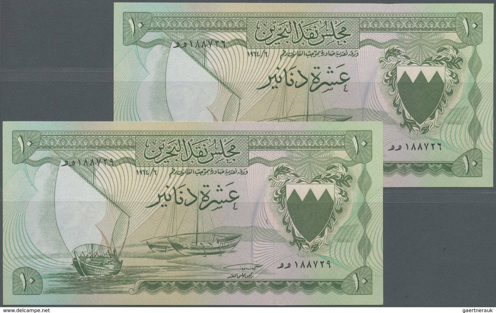 Bahrain: Rare Set Of 2 CONSECUTIVE Notes 10 Dinars L.1964 P. 6, Rare As Running Pair In Condition: U - Bahrain