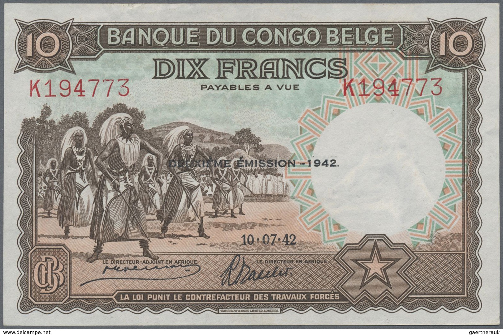 Belgian Congo / Belgisch Kongo: 10 Francs 1942, P.14Ba, Very Nice Condition With A Few Minor Creases - Ohne Zuordnung