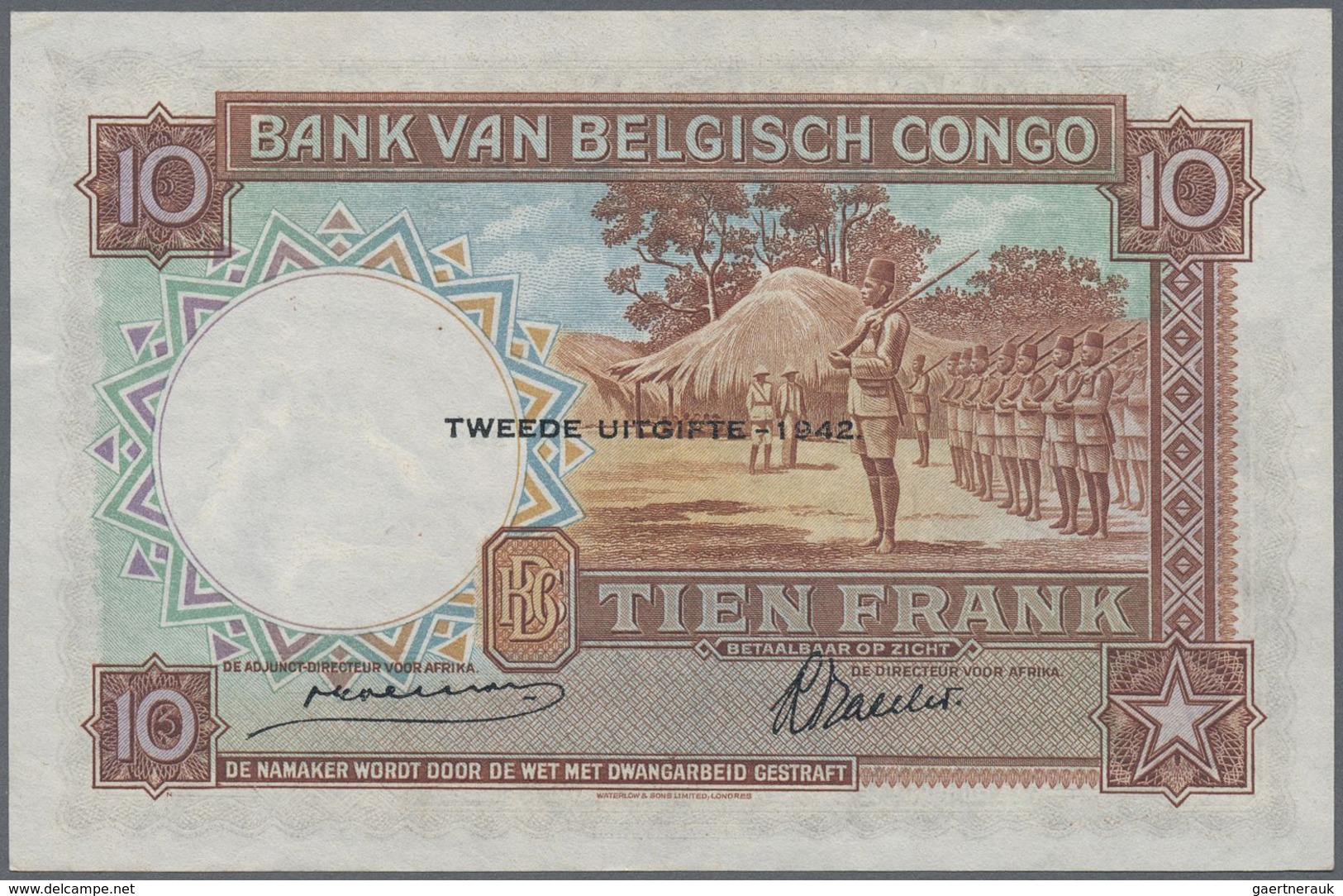 Belgian Congo / Belgisch Kongo: 10 Francs 1942, P.14Ba, Very Nice Condition With A Few Minor Creases - Ohne Zuordnung