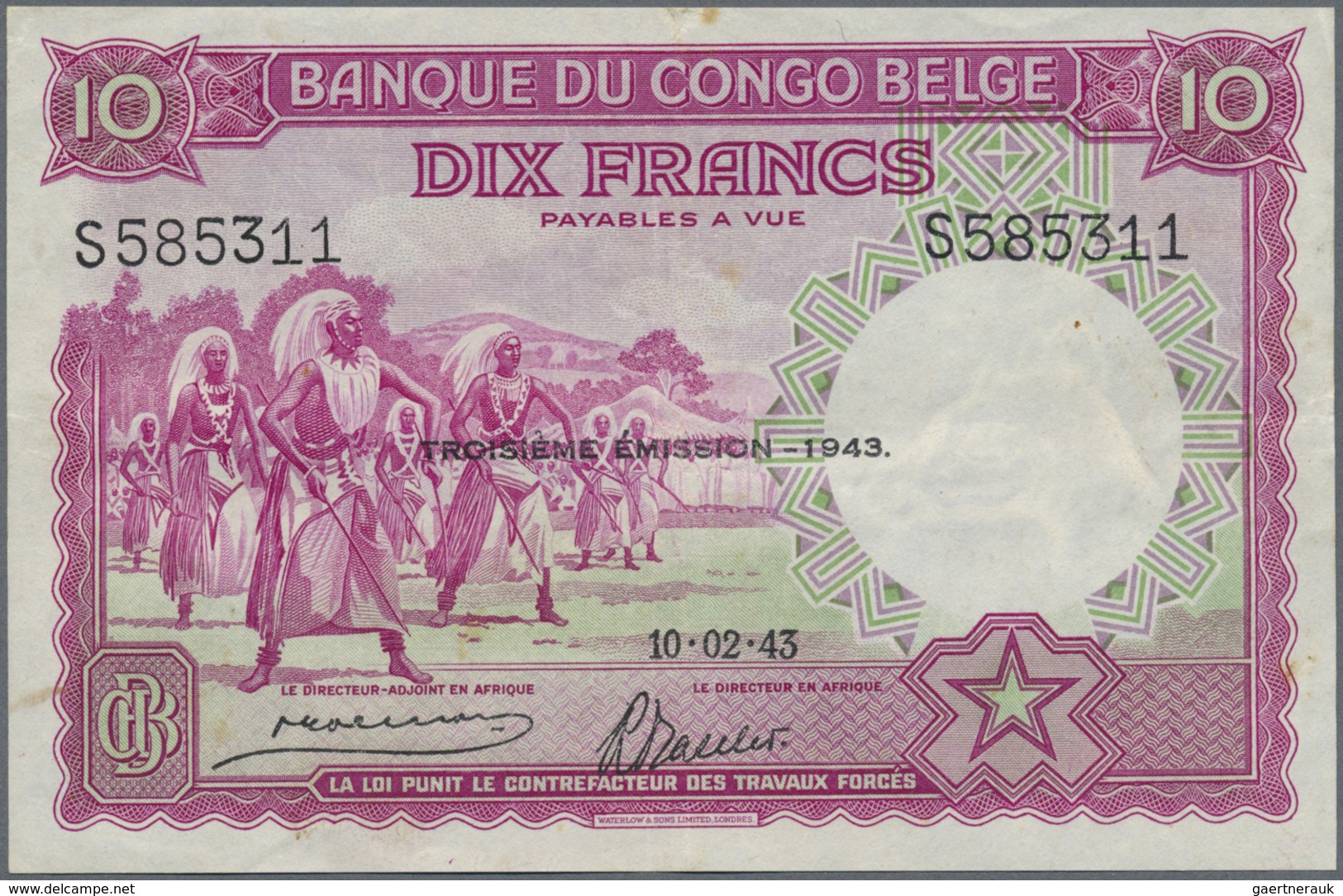 Belgian Congo / Belgisch Kongo: 10 Francs 1943 P. 14C, Used With Center Fold And Light Handling In P - Unclassified