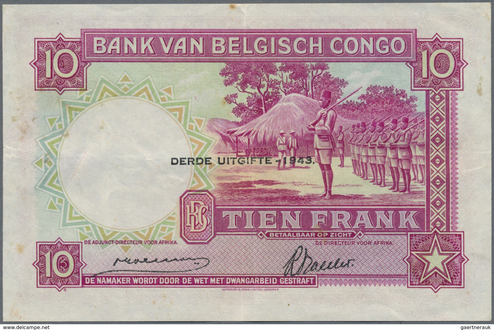 Belgian Congo / Belgisch Kongo: 10 Francs 1943 P. 14C, Used With Center Fold And Light Handling In P - Unclassified