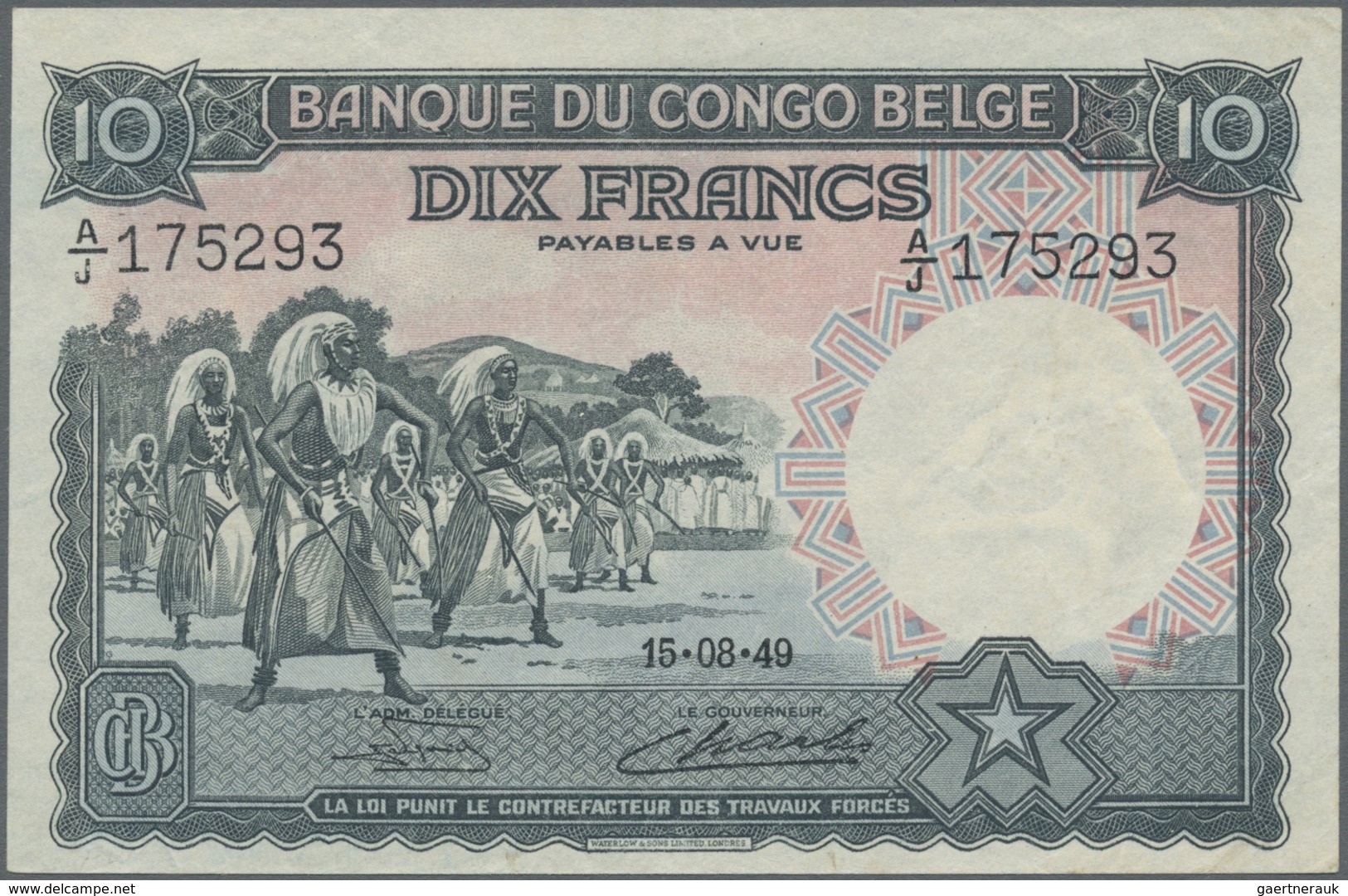 Belgian Congo / Belgisch Kongo: 10 Francs 1949 P. 14E, No Visible Folds, But Pressed, No Holes Or Te - Unclassified