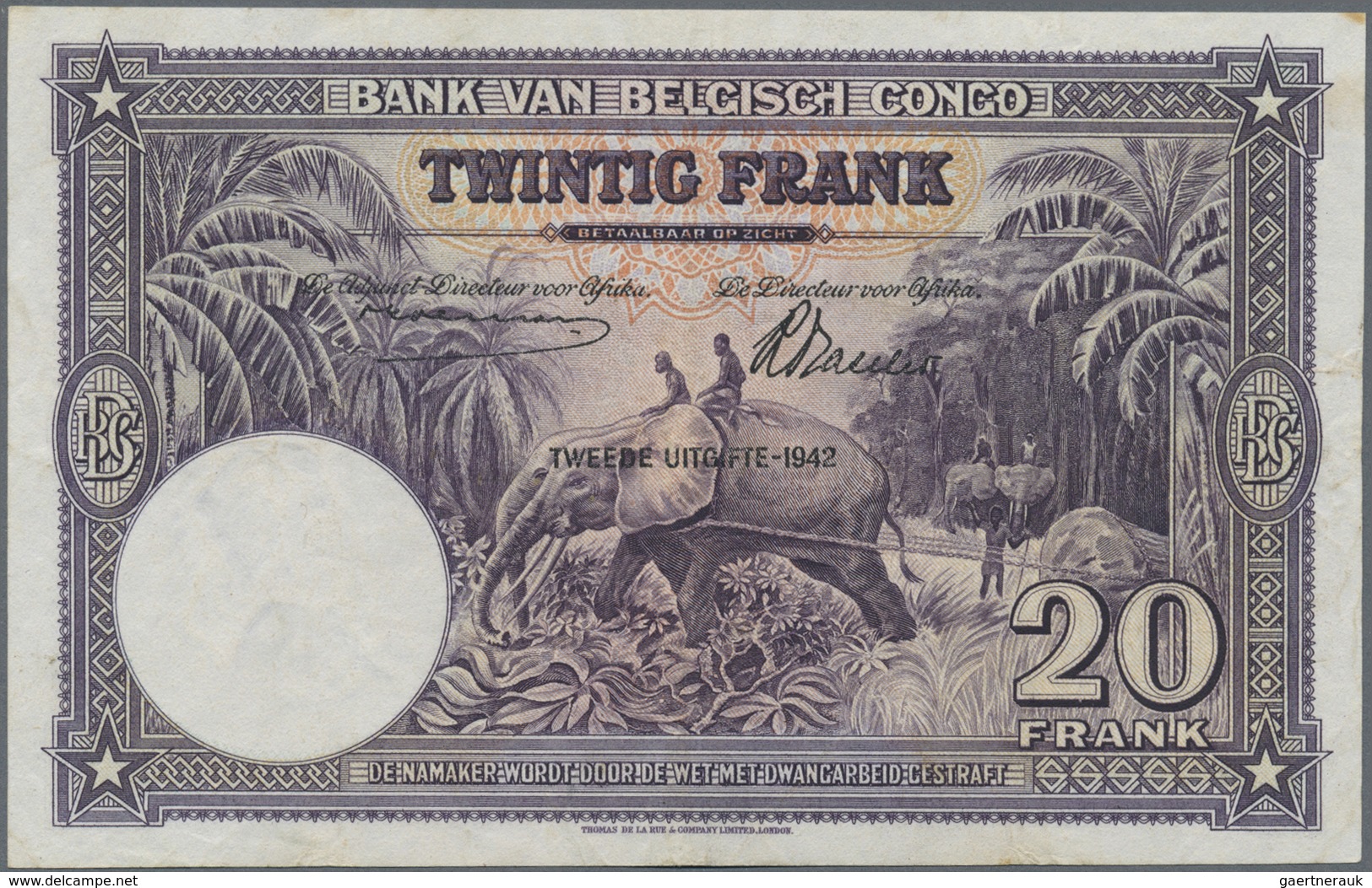 Belgian Congo / Belgisch Kongo: 20 Francs 1942, P.15A, Vertically Folded And A Few Spots Along The B - Unclassified