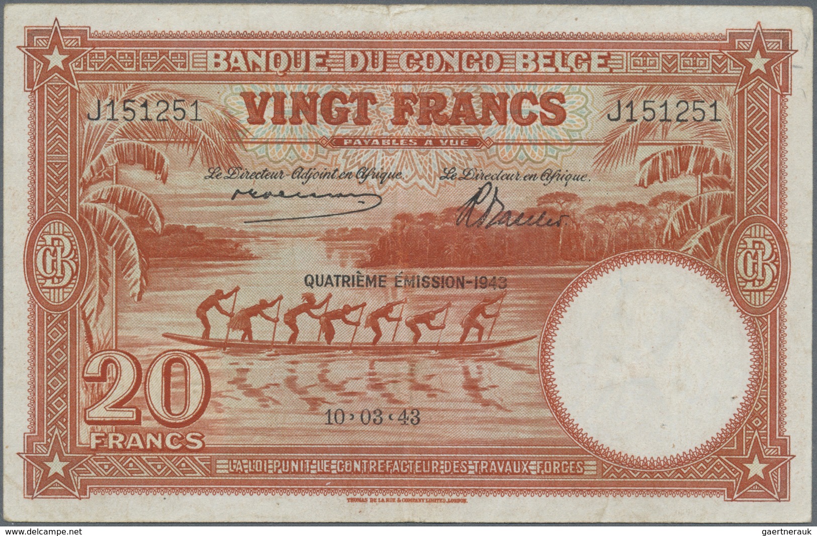 Belgian Congo / Belgisch Kongo: 20 Francs 1943, P.15C, Lightly Stained Paper With Vertical Fold At C - Unclassified