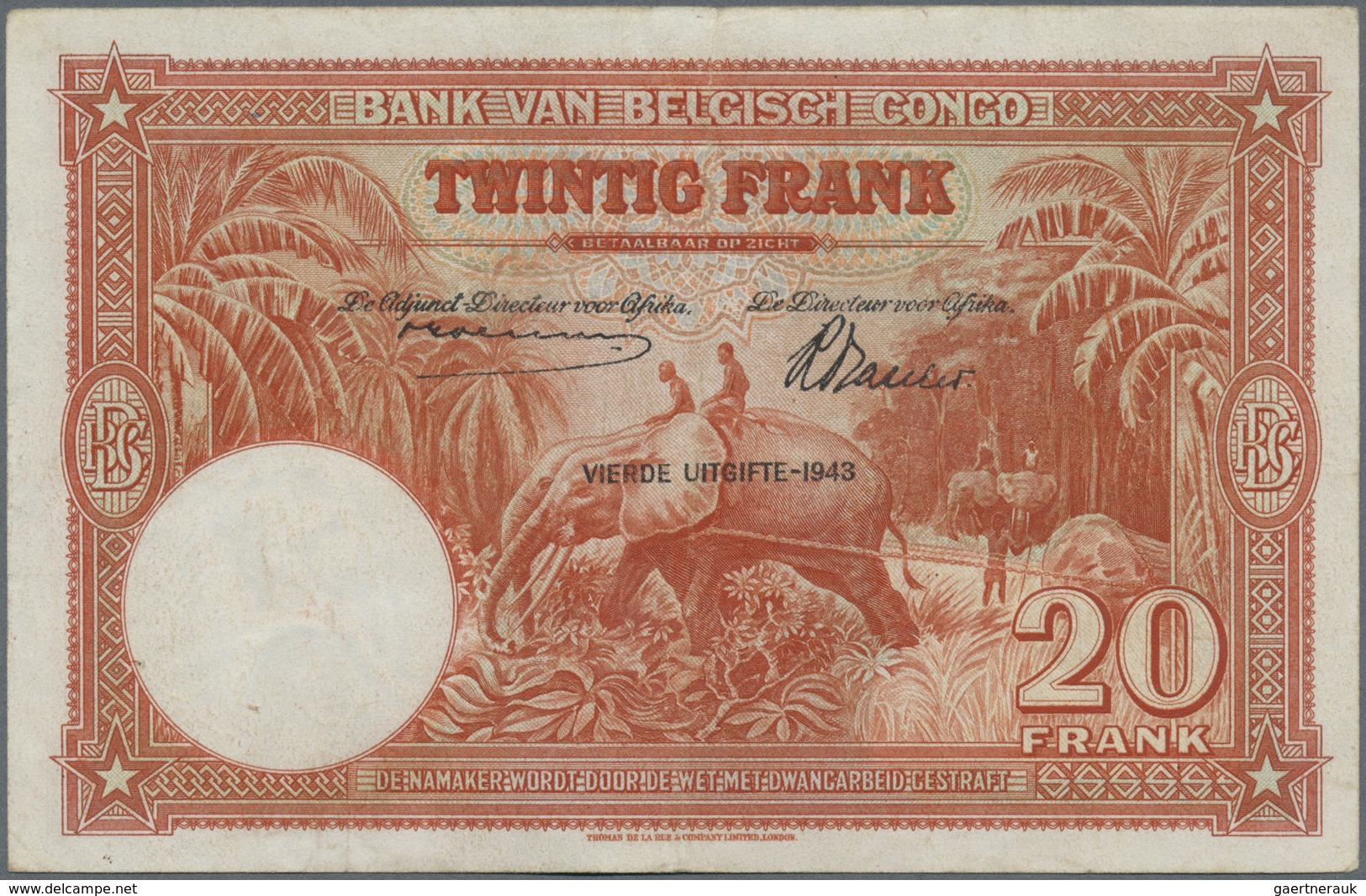 Belgian Congo / Belgisch Kongo: 20 Francs 1943, P.15C, Lightly Stained Paper With Vertical Fold At C - Unclassified