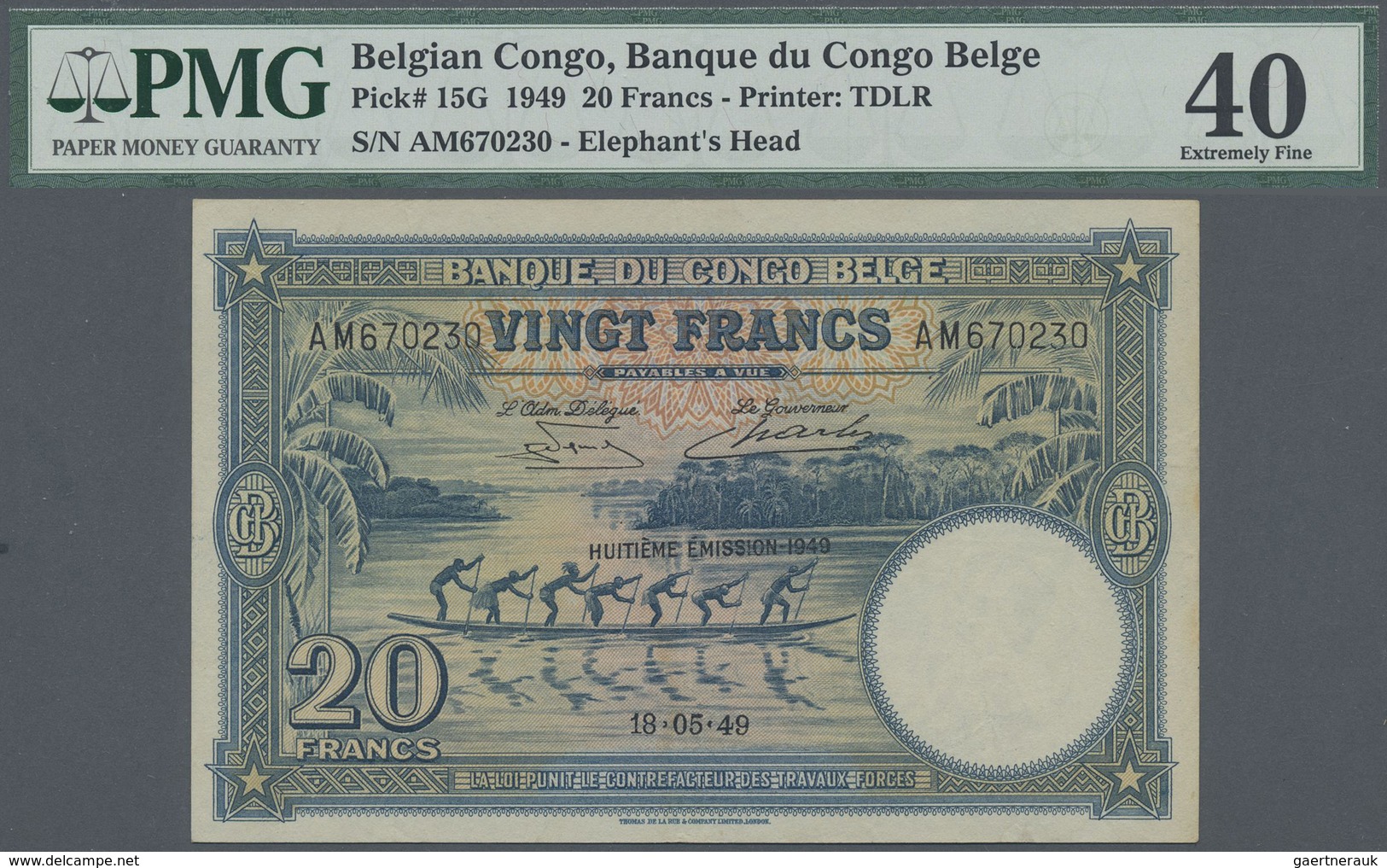 Belgian Congo / Belgisch Kongo: 20 Francs 1949, P.15G, Soft Vertical Fold At Lightly Toned At Right - Unclassified