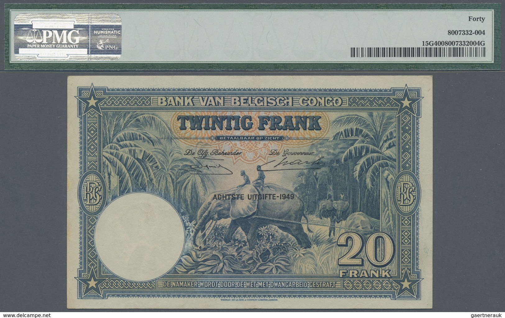 Belgian Congo / Belgisch Kongo: 20 Francs 1949, P.15G, Soft Vertical Fold At Lightly Toned At Right - Unclassified