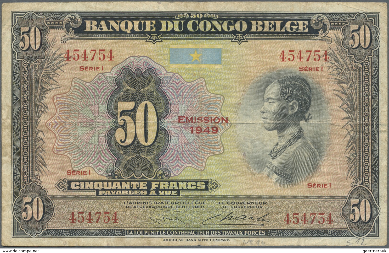 Belgian Congo / Belgisch Kongo: 50 Francs 1949 P. 16g, Usedf With Several Folds, Light Stain In Pape - Unclassified