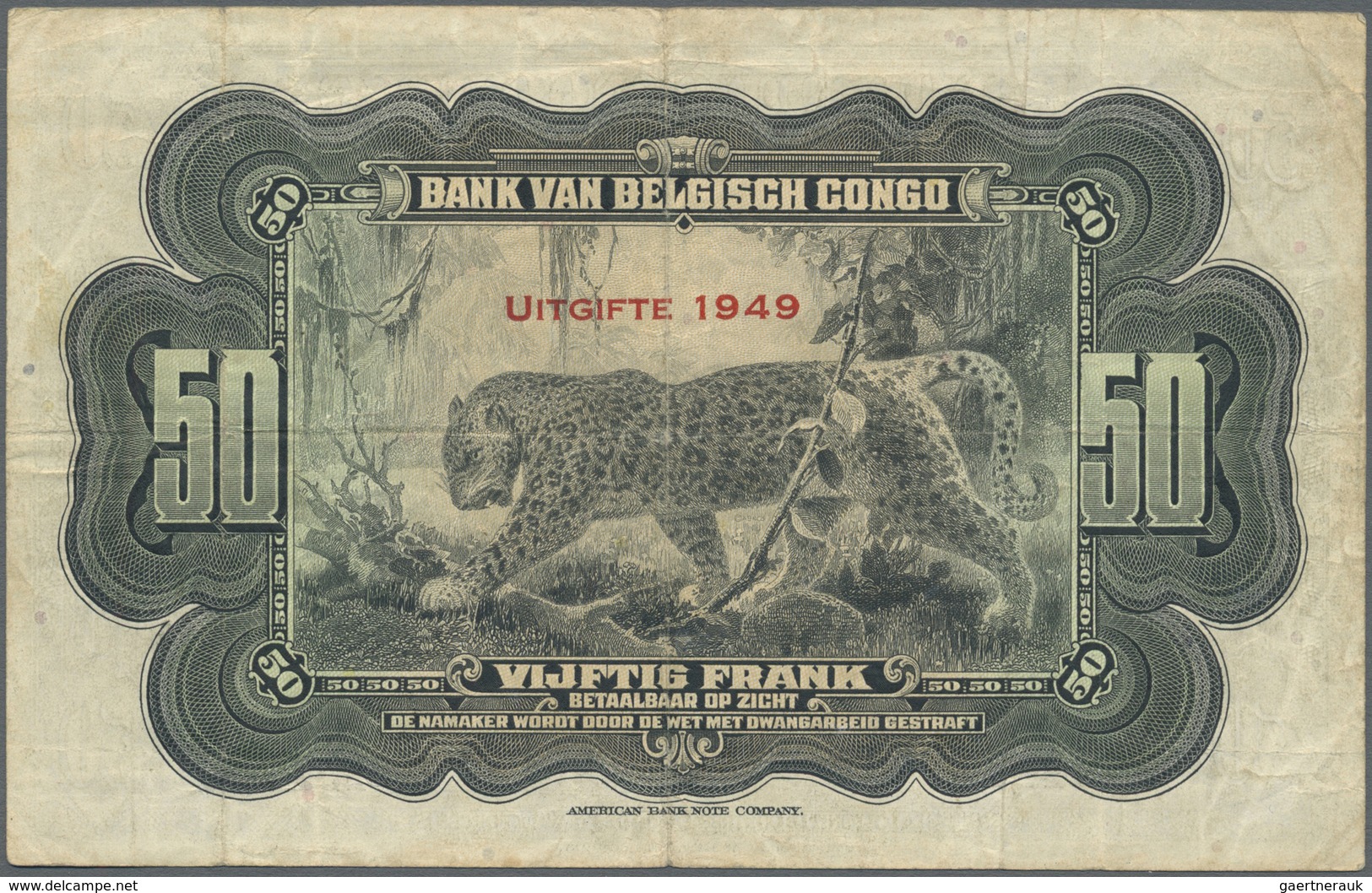 Belgian Congo / Belgisch Kongo: 50 Francs 1949 P. 16g, Usedf With Several Folds, Light Stain In Pape - Non Classificati