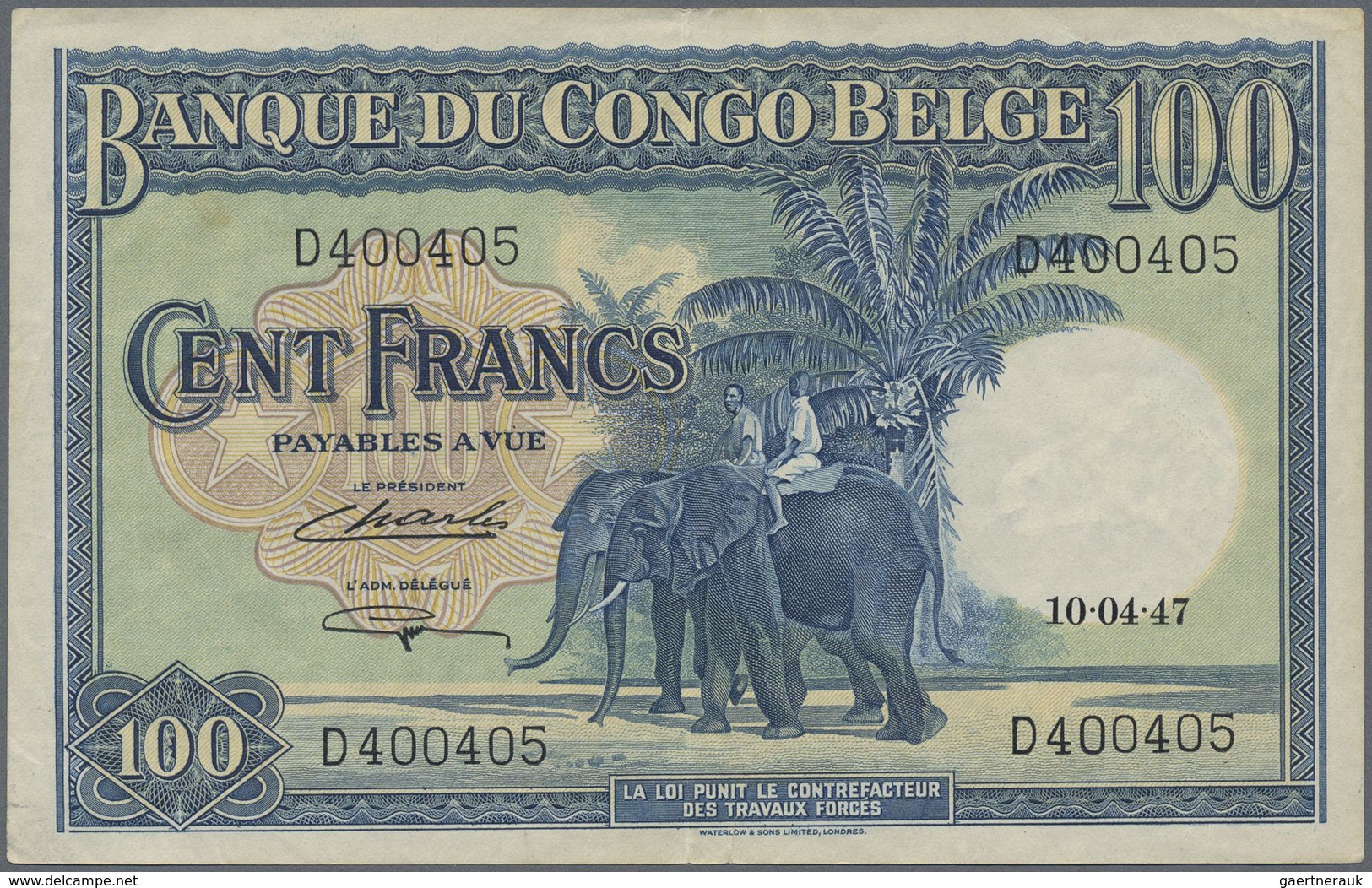 Belgian Congo / Belgisch Kongo: 100 Francs 1947, P.17c, Lightly Toned Paper With A Few Vertical Fold - Unclassified
