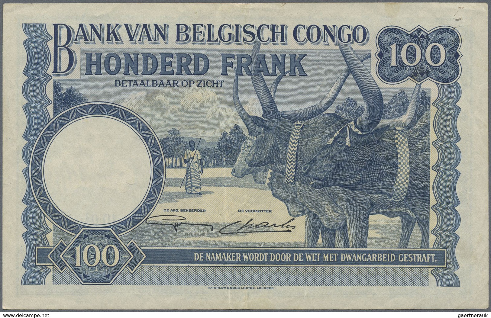 Belgian Congo / Belgisch Kongo: 100 Francs 1947, P.17c, Lightly Toned Paper With A Few Vertical Fold - Unclassified