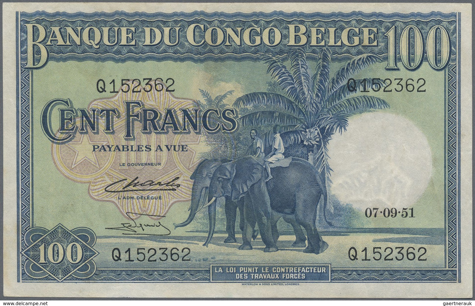 Belgian Congo / Belgisch Kongo: 100 Francs 1951, P.17d, Tiny Brownish Spots Along The Note And A Few - Unclassified