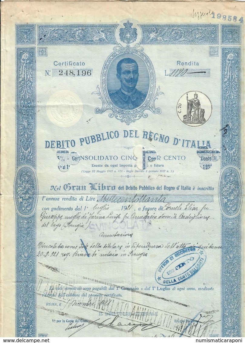 Debito Pubblico Del Regno D'italia 1921 Certificato Con Cedole Cod.doc.250 - Documenti Storici
