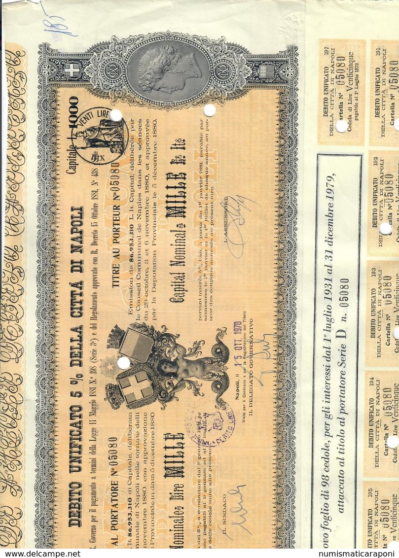 Debito Unificato 5% Della Città Di Napoli 1880 1000 Lire Con Cedole Dal 1931 Al 1979 Taglietti E Pieghe Doc.240 - D - F