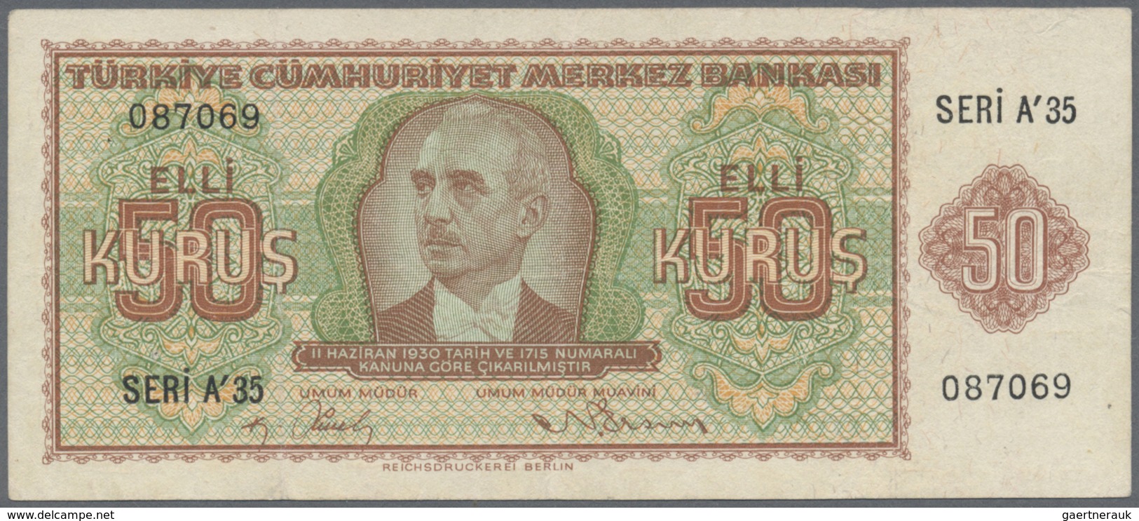 Turkey / Türkei: 50 Kurus L. 1930 (1940-1944) "İnönü" - Interim Issue, P.134 With A Few Vertical Fol - Turkije