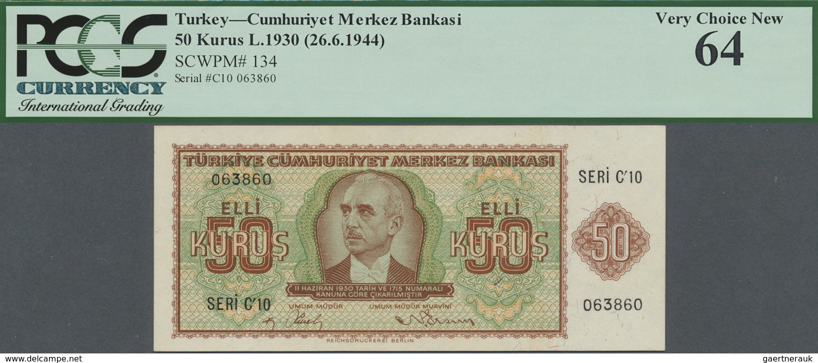 Turkey / Türkei: 50 Kurus L.1930 (26.6.1944), P.134, Almost Perfect Condition With A Few Very Tiny S - Turchia