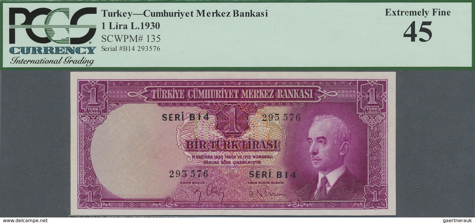 Turkey / Türkei: 1 Lira L.1930 (1940-44), P.135, Excellent Condition With A Few Minor Spots On Back, - Turkije