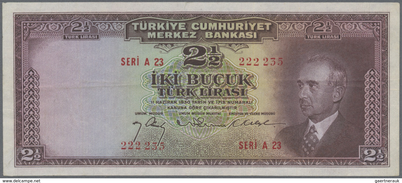 Turkey / Türkei: 2 1/2 Lirasi L. 1930 (1942-1947) "İnönü" - 3rd Issue, P.140, Exceptional Condition - Turkije