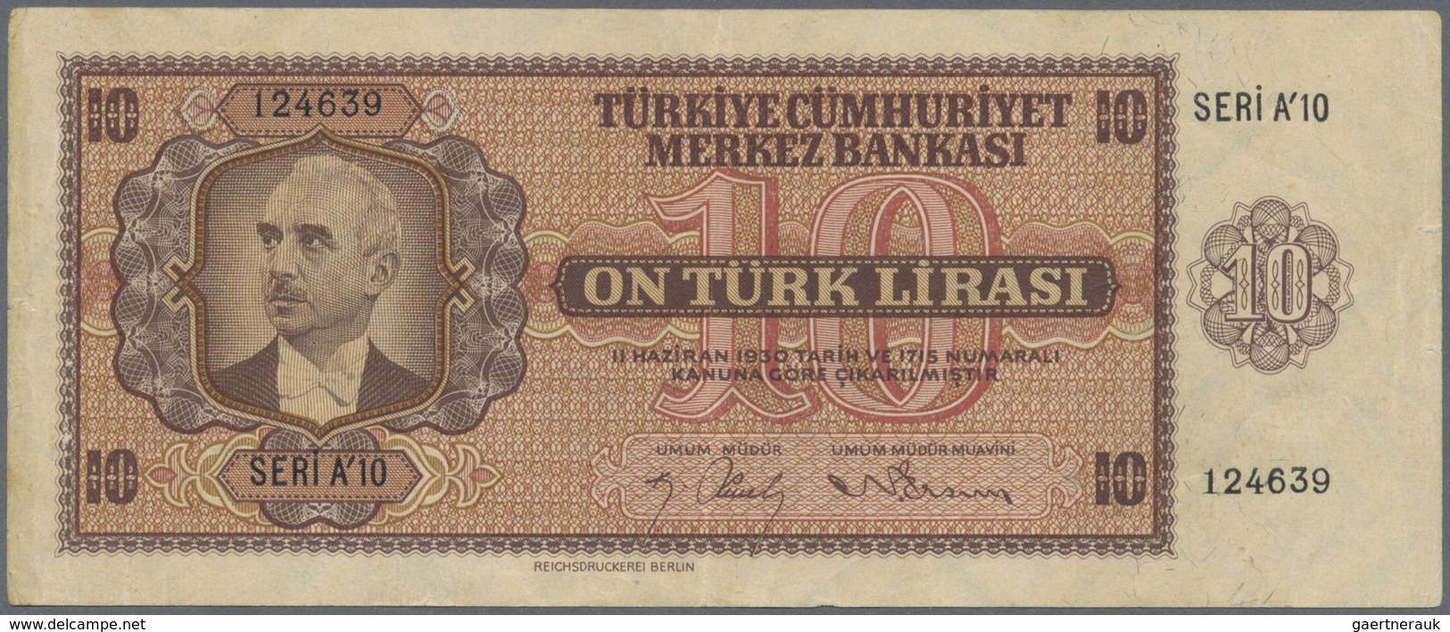 Turkey / Türkei: 10 Lirasi L. 1930 (1942-1947) "İnönü" - 3rd Issue, P.141, Rare Banknote In Still Ni - Turchia