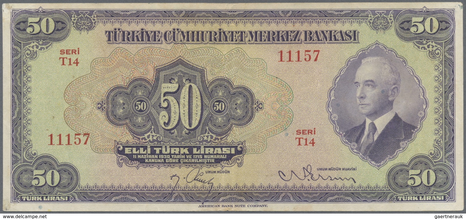 Turkey / Türkei: 50 Lirasi L. 1930 (1942-1947) "İnönü" - 3rd Issue, P.142a, Two Times Vertically Fol - Turkije