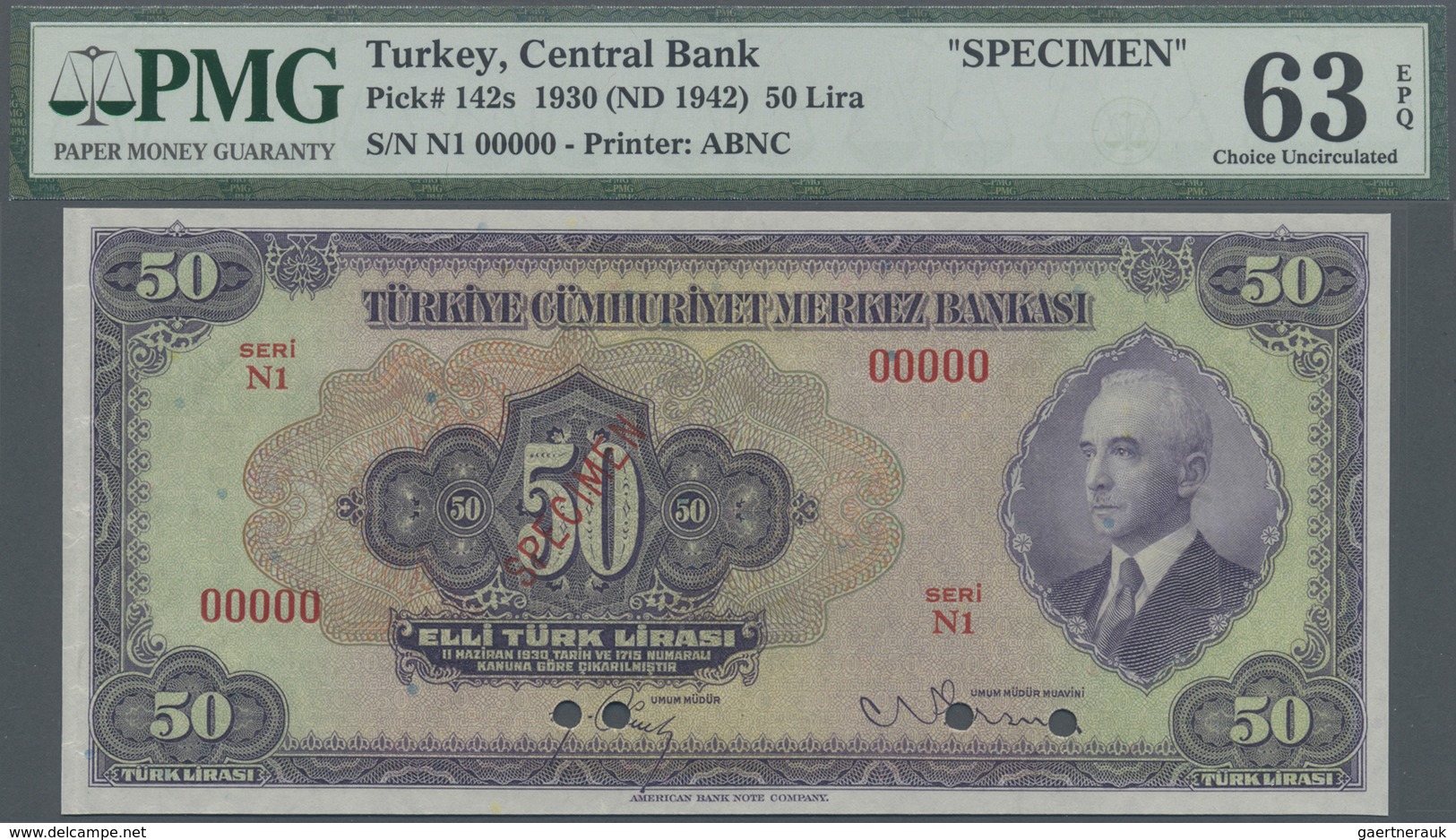 Turkey / Türkei: 50 Lirasi L. 1930 (1942-1947) "İnönü" - 3rd Issue SPECIMEN, P.142s In Almost Perfec - Turchia