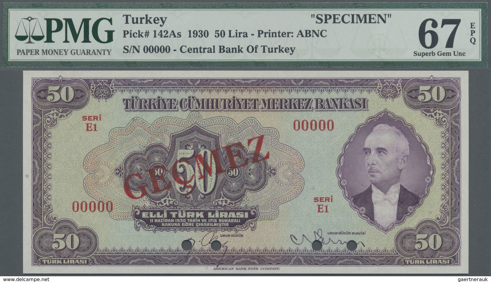 Turkey / Türkei: 50 Lirasi L. 1930 (1942-1947) "İnönü" - 3rd Issue SPECIMEN, P.142As In Perfect Unci - Turquie