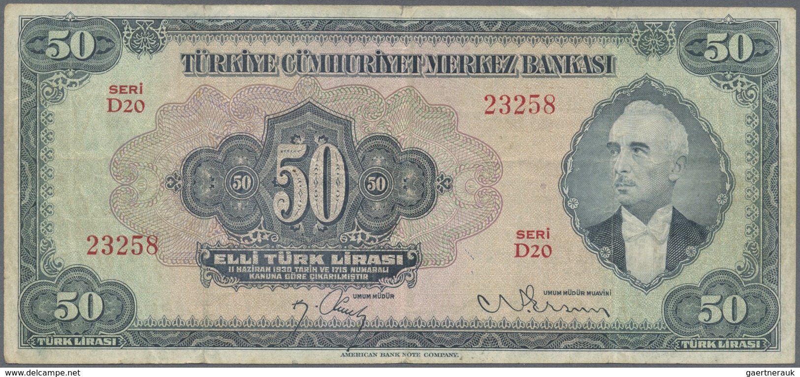 Turkey / Türkei: 50 Lirasi L. 1930 (1942-1947) "İnönü" - 3rd Issue, P.143, Still A Nice Note With So - Turkije