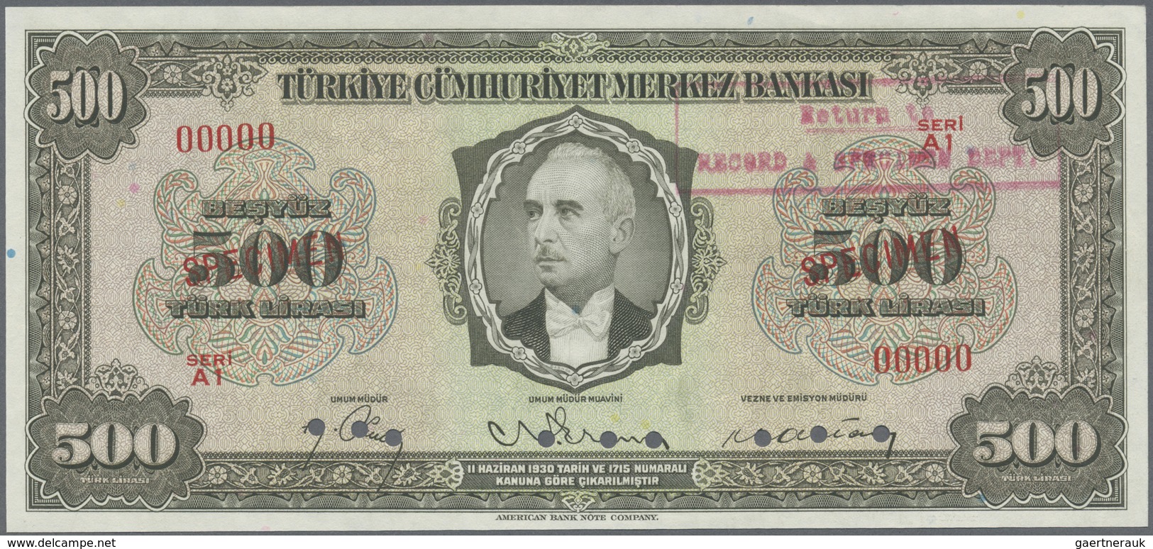 Turkey / Türkei: 500 Lirasi L. 1930 (1942-1947) "İnönü" - 3rd Issue SPECIMEN P.145s In Almost Perfec - Turkey