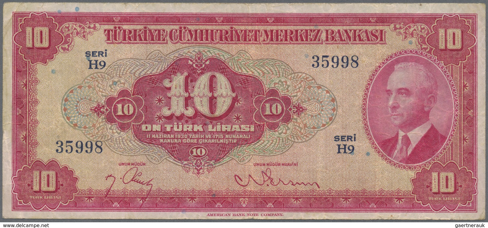 Turkey / Türkei: 10 Lirasi L. 1930 (1947-1948) "İnönü" - 4th Issue, P.147, Still Nice Note With Seve - Turchia