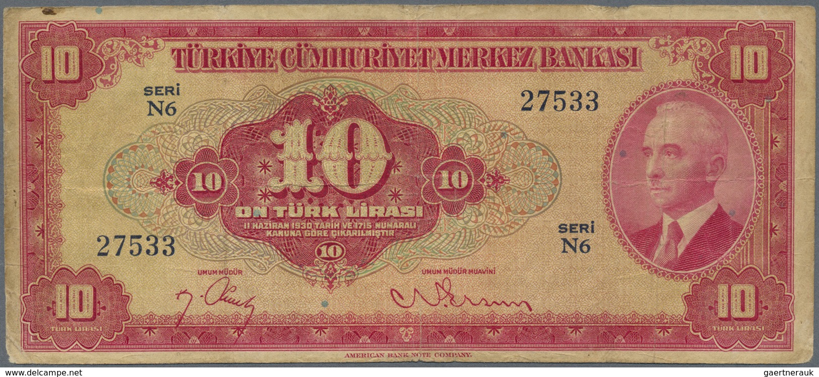 Turkey / Türkei: 10 Lira L. 1930 (1947-1948) P.147, Yellowed Paper With Many Folds And Some Spots At - Turquie