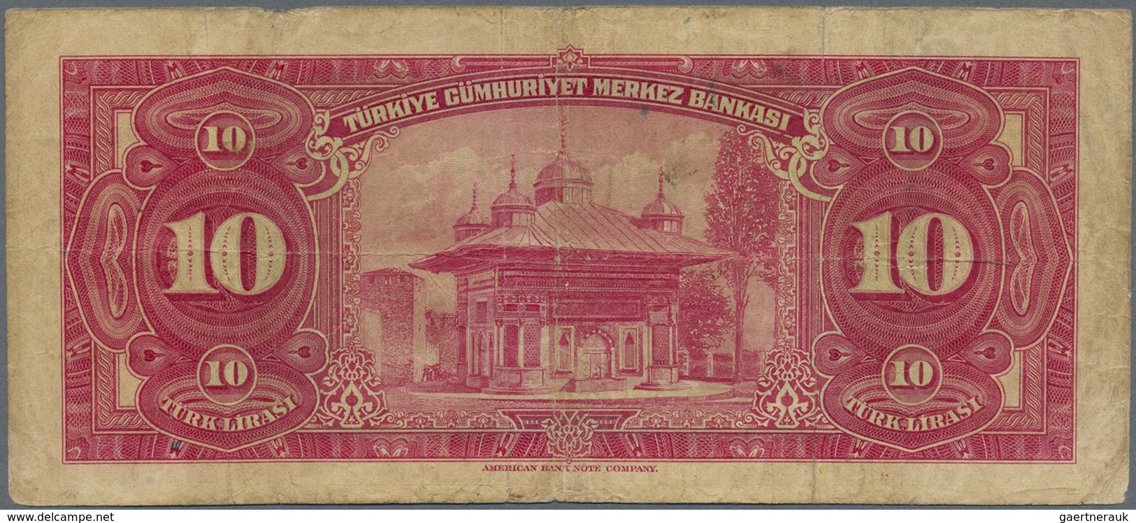 Turkey / Türkei: 10 Lira L. 1930 (1947-1948) P.147, Yellowed Paper With Many Folds And Some Spots At - Turquie