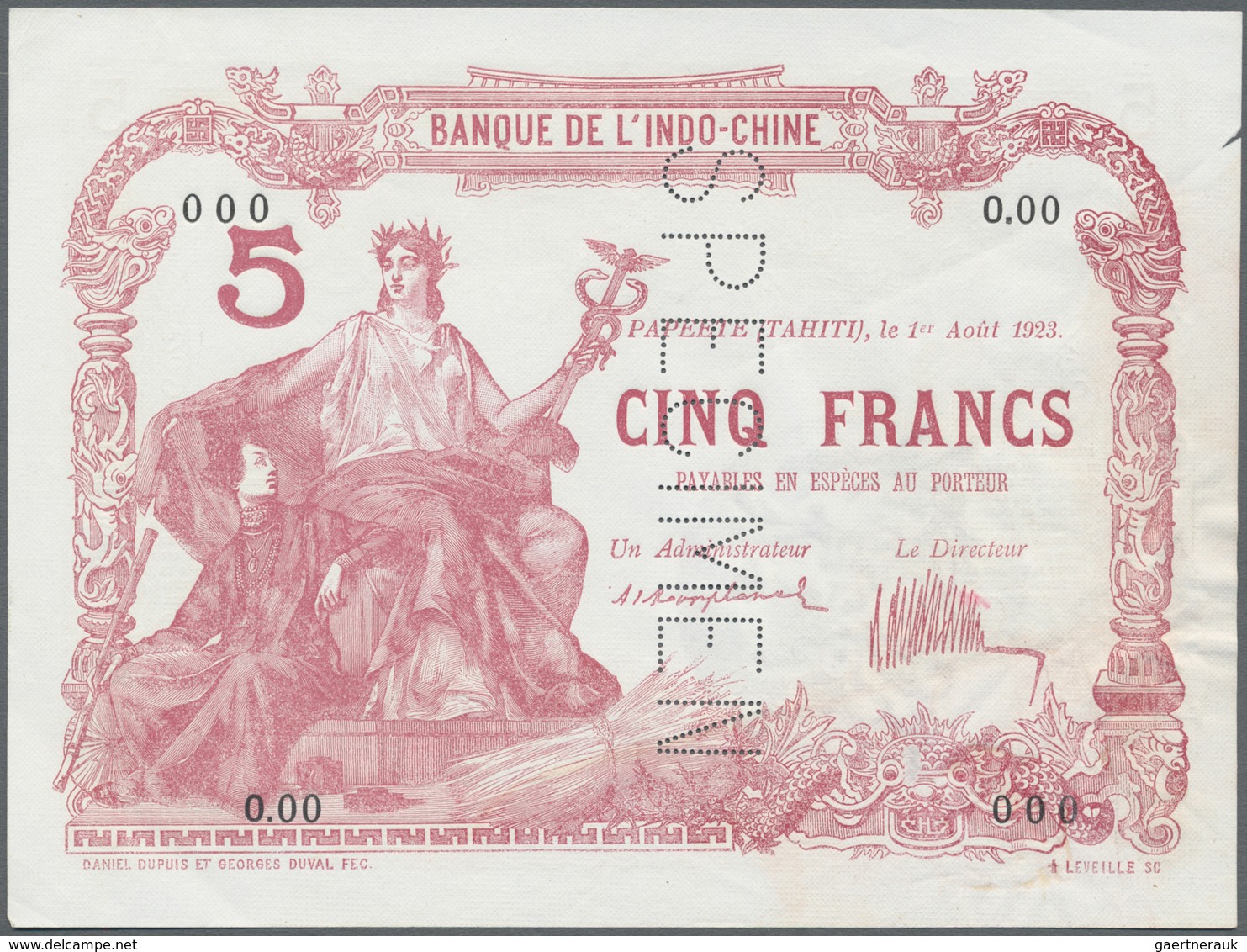 Tahiti: Very Rare Specimen Note Of 5 Francs 1923 Banque De L'Indochine P. 4s, With Vertical Specimen - Altri – Oceania